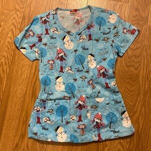 DICKIES Blue  Winter Snowman Theme Scrub Top Shirred Back Pockets (Size XS)